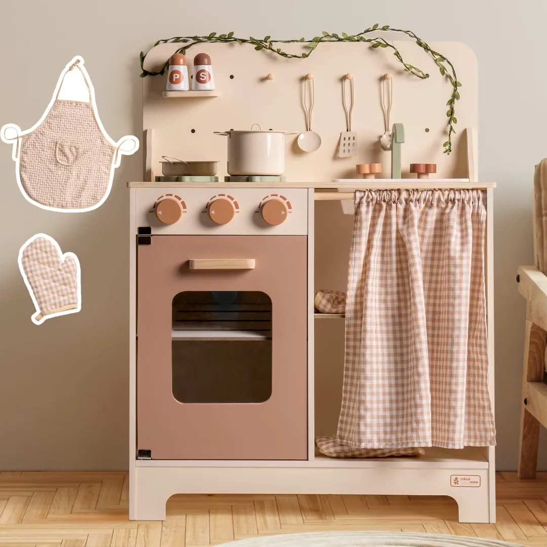 Rustic Wooden Kids Play Kitchen Set with Leaf Light String - Image 12