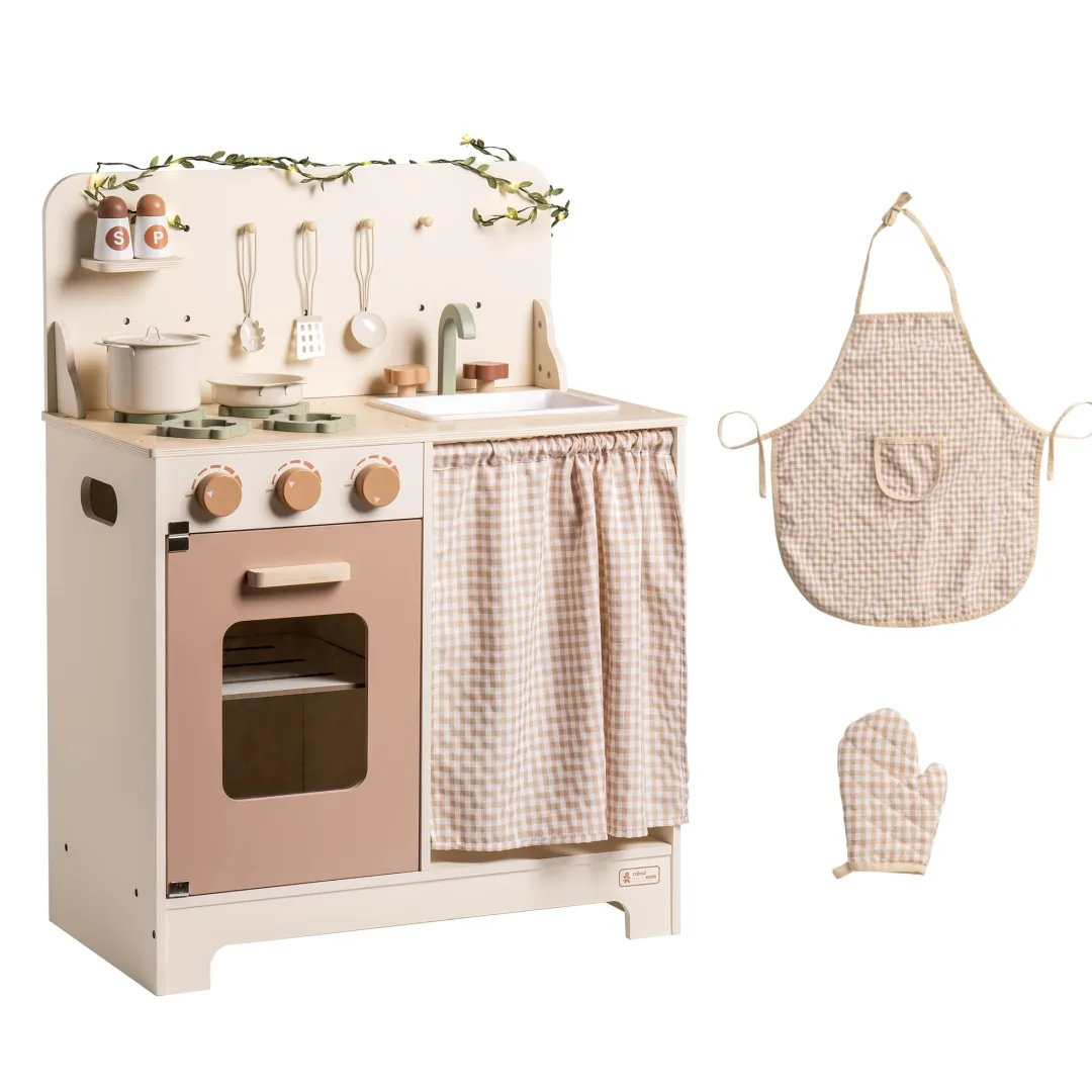 Rustic Wooden Kids Play Kitchen Set with Leaf Light String - Image 3
