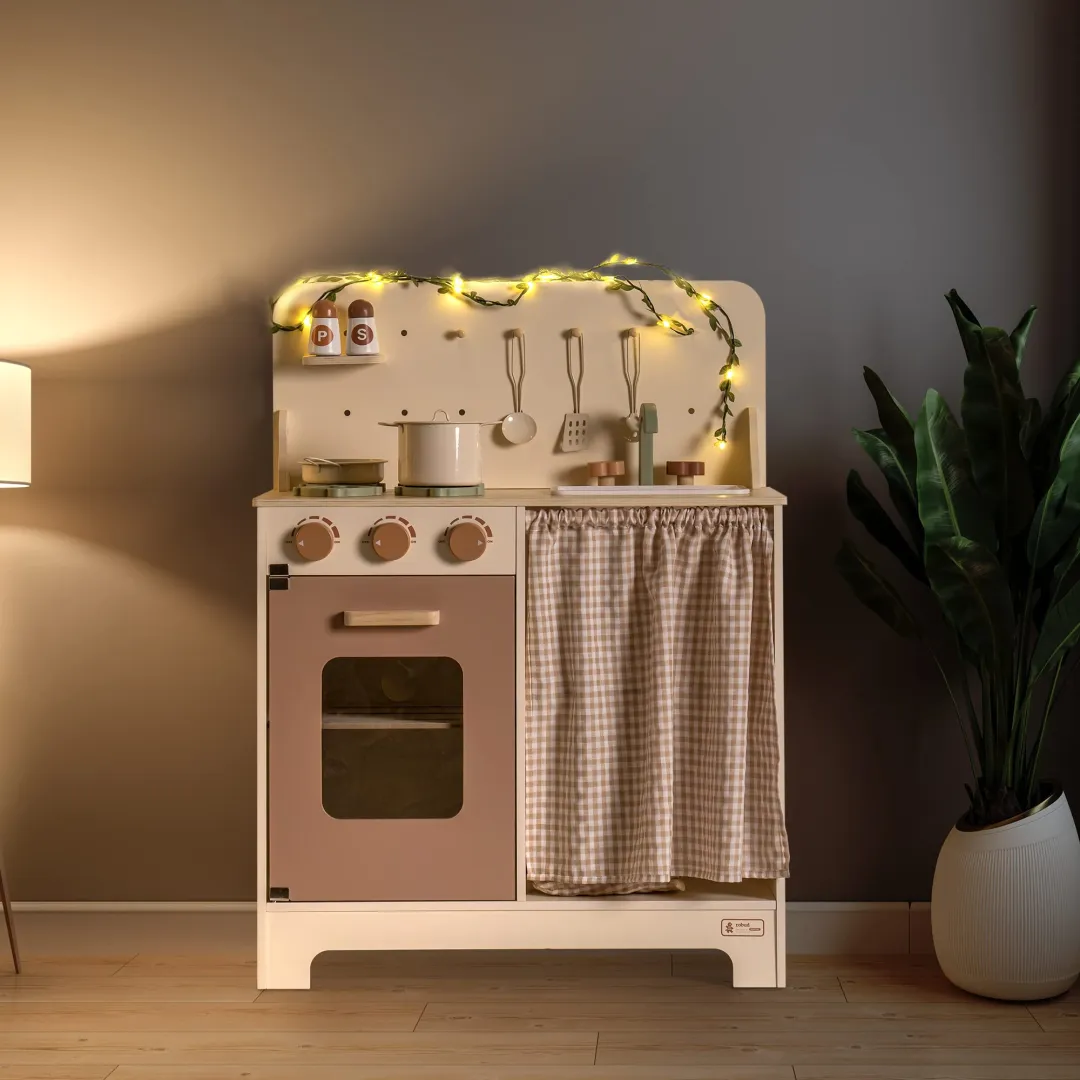 Rustic Wooden Kids Play Kitchen Set with Leaf Light String - Image 9