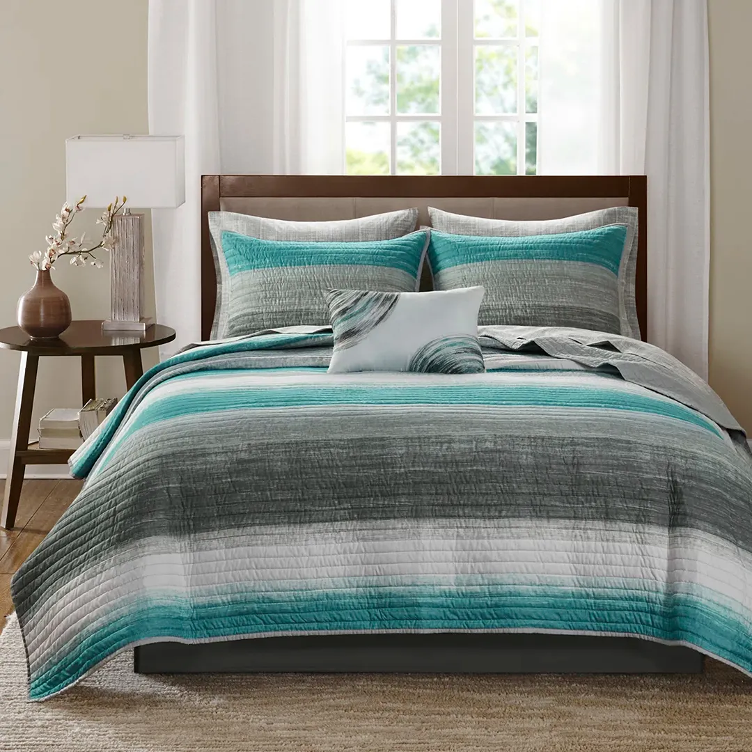 8pc King Seth Striped Complete Reversible Coverlet Set - Aqua Blue