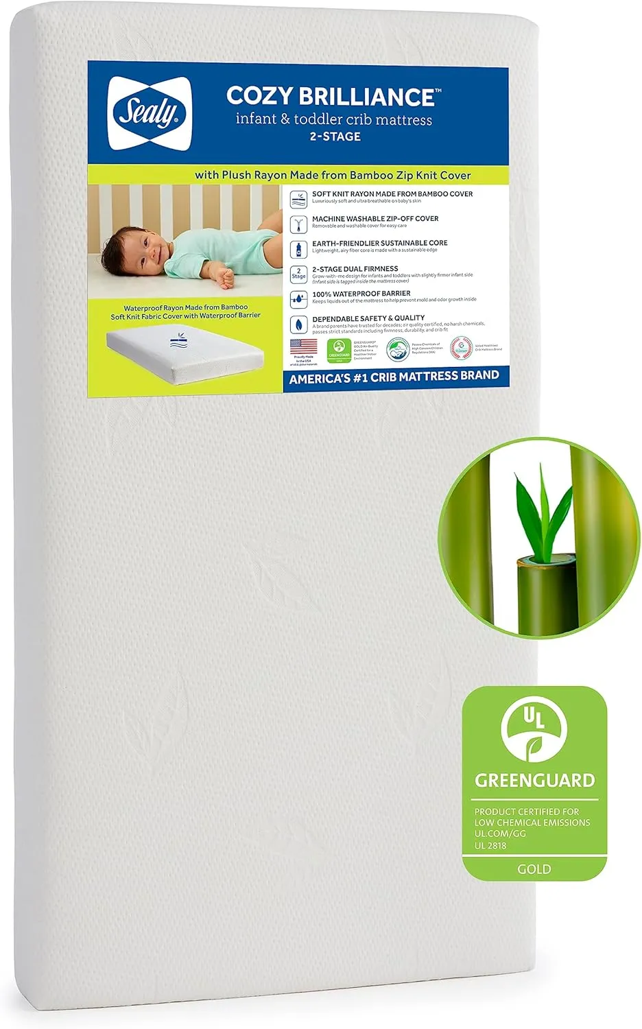 Sealy Cozy Brilliance Breathable Bamboo Rayon Hypoallergenic Baby Crib Mattress & Toddler Bed Mattress