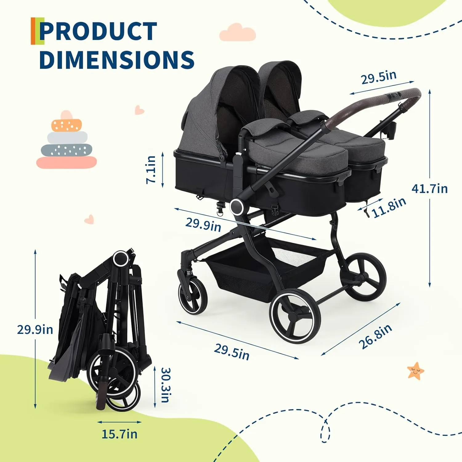 Side by Side Double Stroller for Twins - Dark Gray - Image 2
