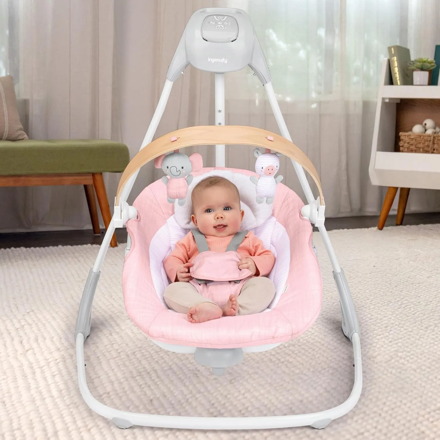 Simple Comfort Compact Soothing Baby Swing - Pink Chambray - Image 3