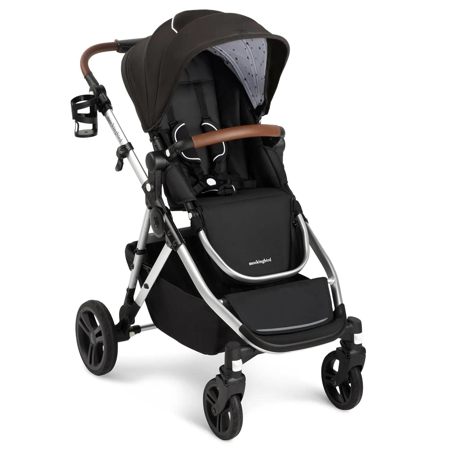 Single-to-Double Stroller 2.0 + Cup Holder - Black with Watercolor Interior Pattern