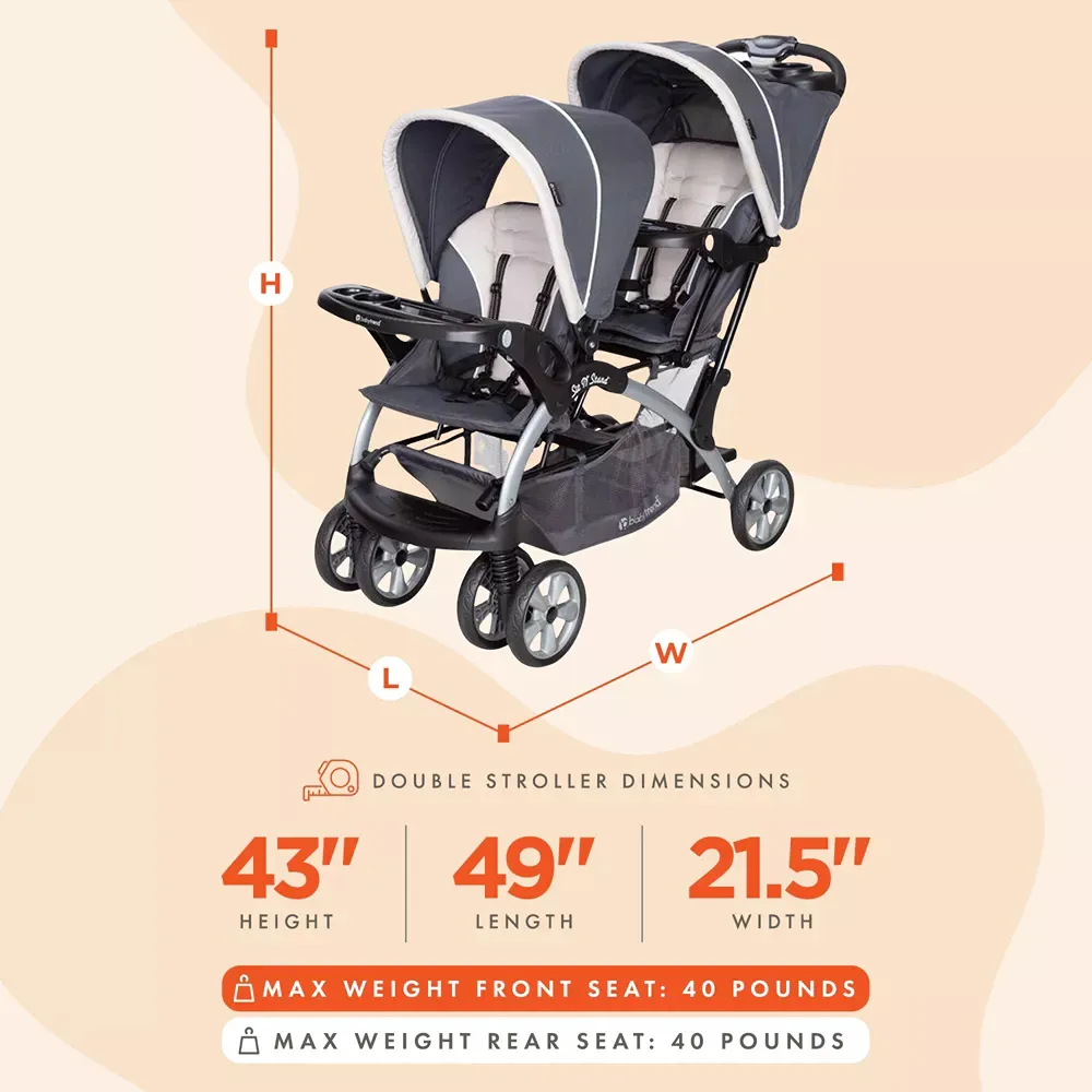 Sit N' Stand Multi-Use Easy Fold Travel Toddler and Baby Double Stroller with Safety Harness and Storage Basket - gray magnolia - Image 2