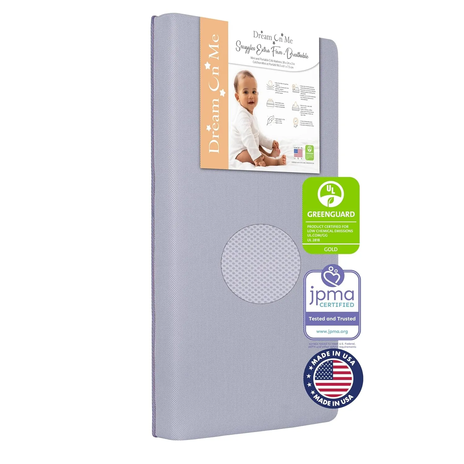 Snuggles Extra Firm Baby Crib Mattress, Greenguard Gold and JPMA Certified Crib Mattress, Fits All Portable & Mini Cribs, Waterproof Vinyl Cover, 10 Years Limited Warranty Periwinkle