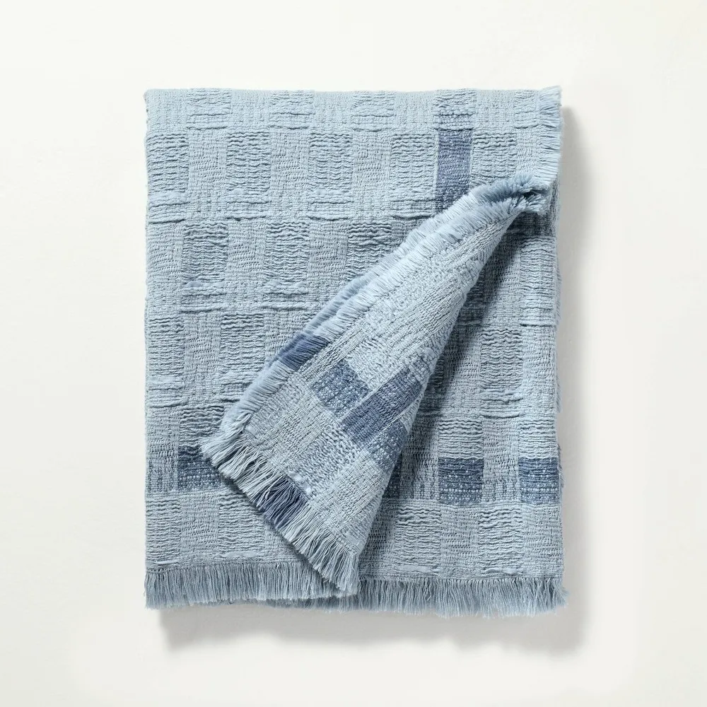 Soft Woven Throw Blanket with Textured Border Blue