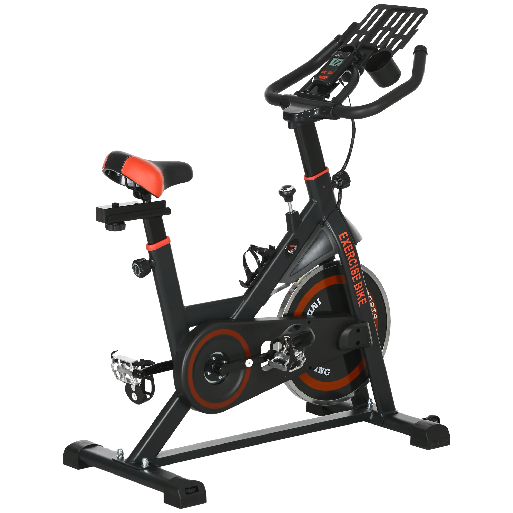 Soozier Exercise Bike, Flywheel Indoor Stationary Bike, Adjustable Height and Resistance, with LCD Monitor, Comfortable Seat Cushion, 264 lbs Capacity, Black and Red
