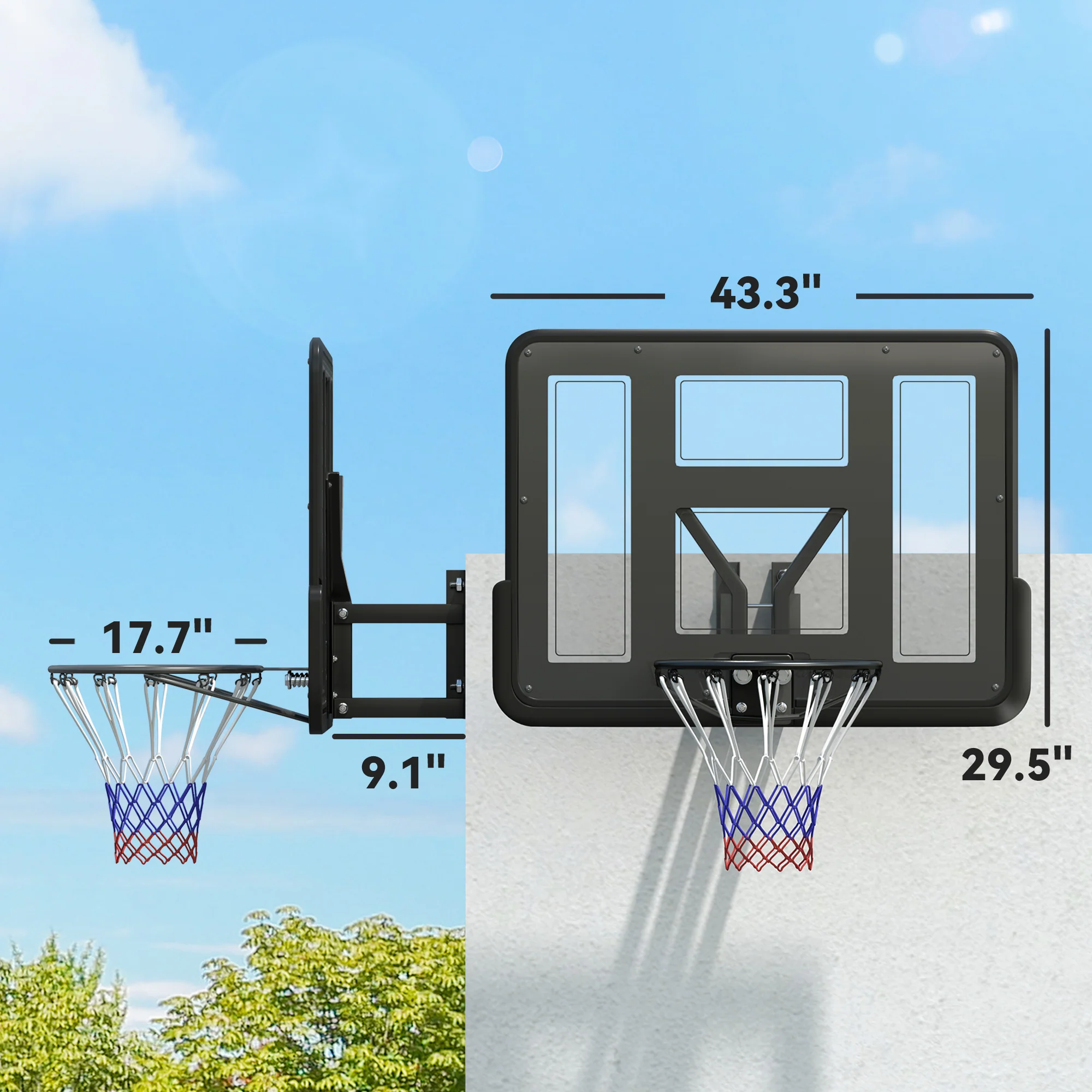 Soozier Wall Mounted Basketball Hoop, Basketball Goal Combo Kit with 43" Reinforced Shatter Resistant Backboard and All Weather Net for Indoor or Outdoor Use - Image 2