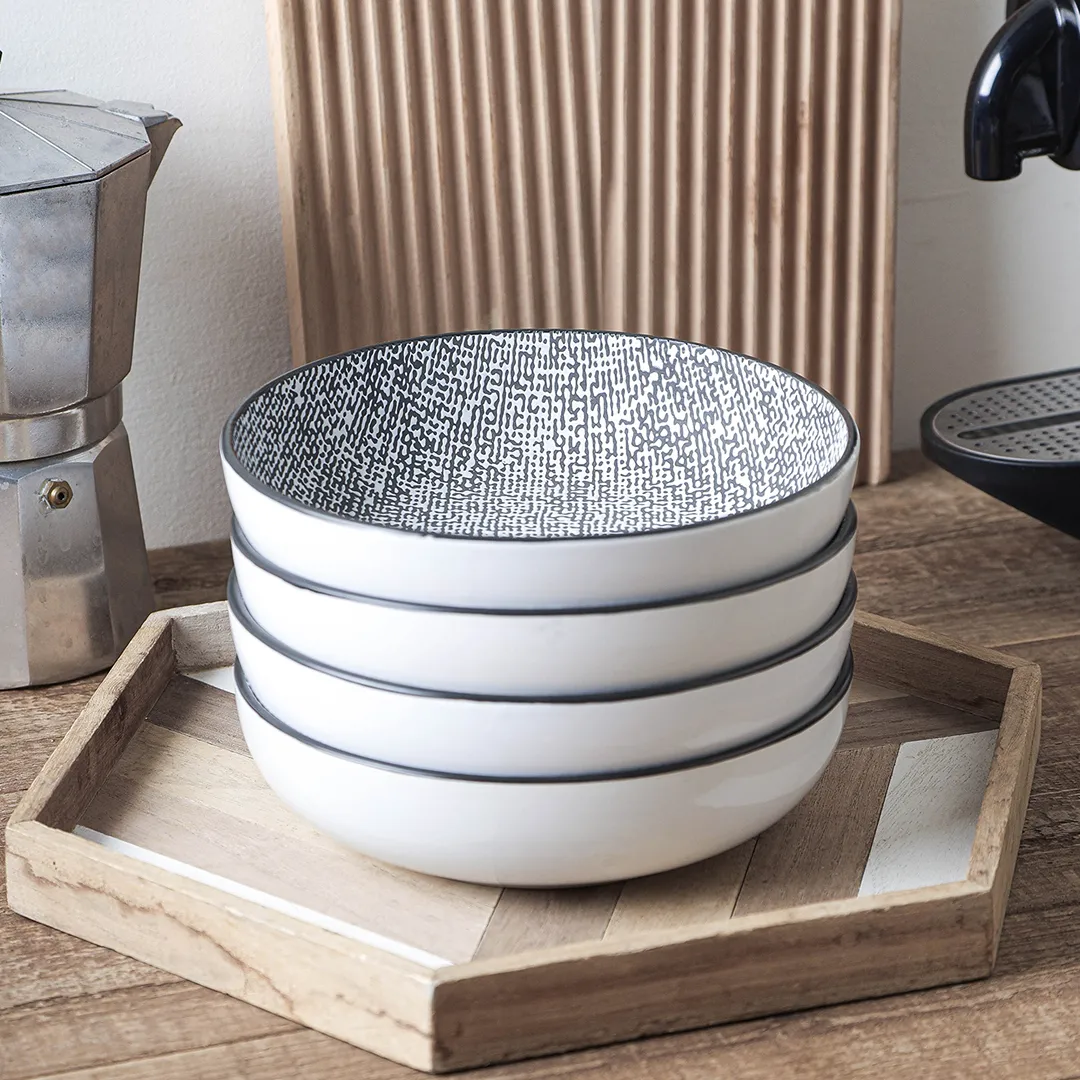 Sophie Stamping Stoneware Bowl Set of 4 - White/Black - Image 3