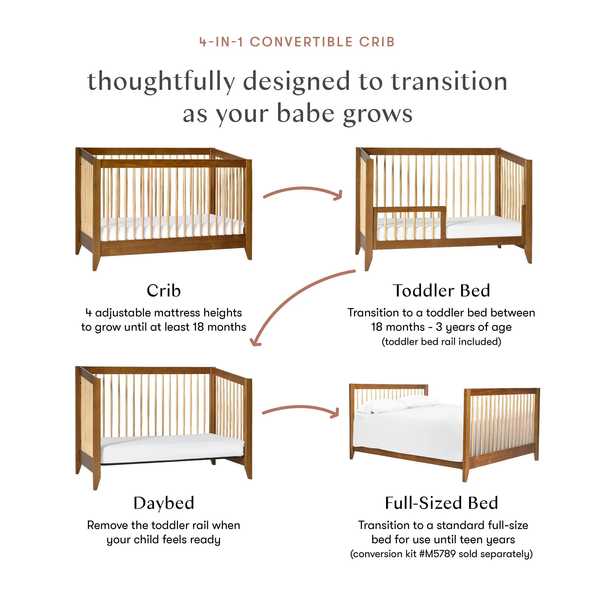 Sprout 4-in-1 Convertible Crib with Toddler Bed Conversion Kit - Chestnut and Natural - Image 2