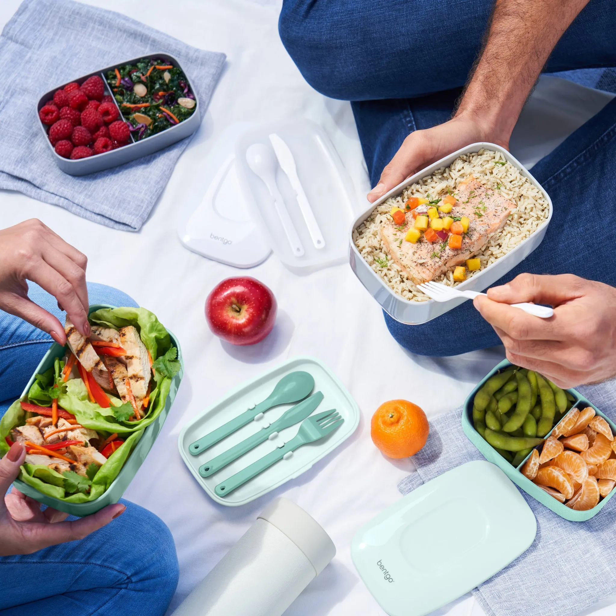 Stackable Lunch Box Container with Built-in Flatware - Aqua - Image 2