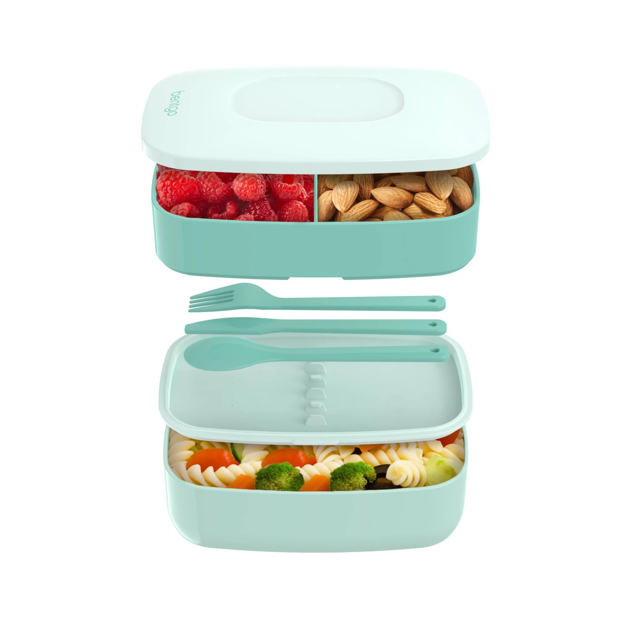 Stackable Lunch Box Container with Built-in Flatware - Aqua - Image 4