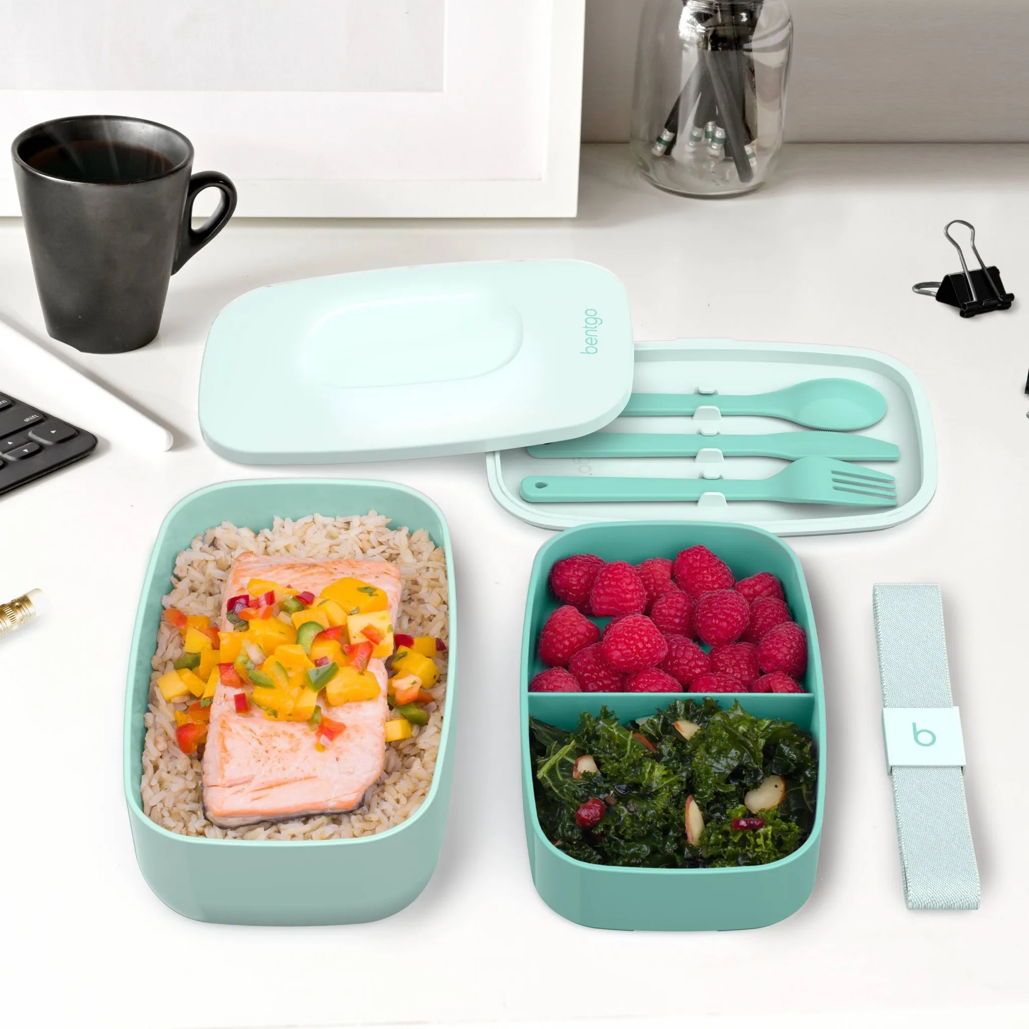 Stackable Lunch Box Container with Built-in Flatware - Aqua - Image 5