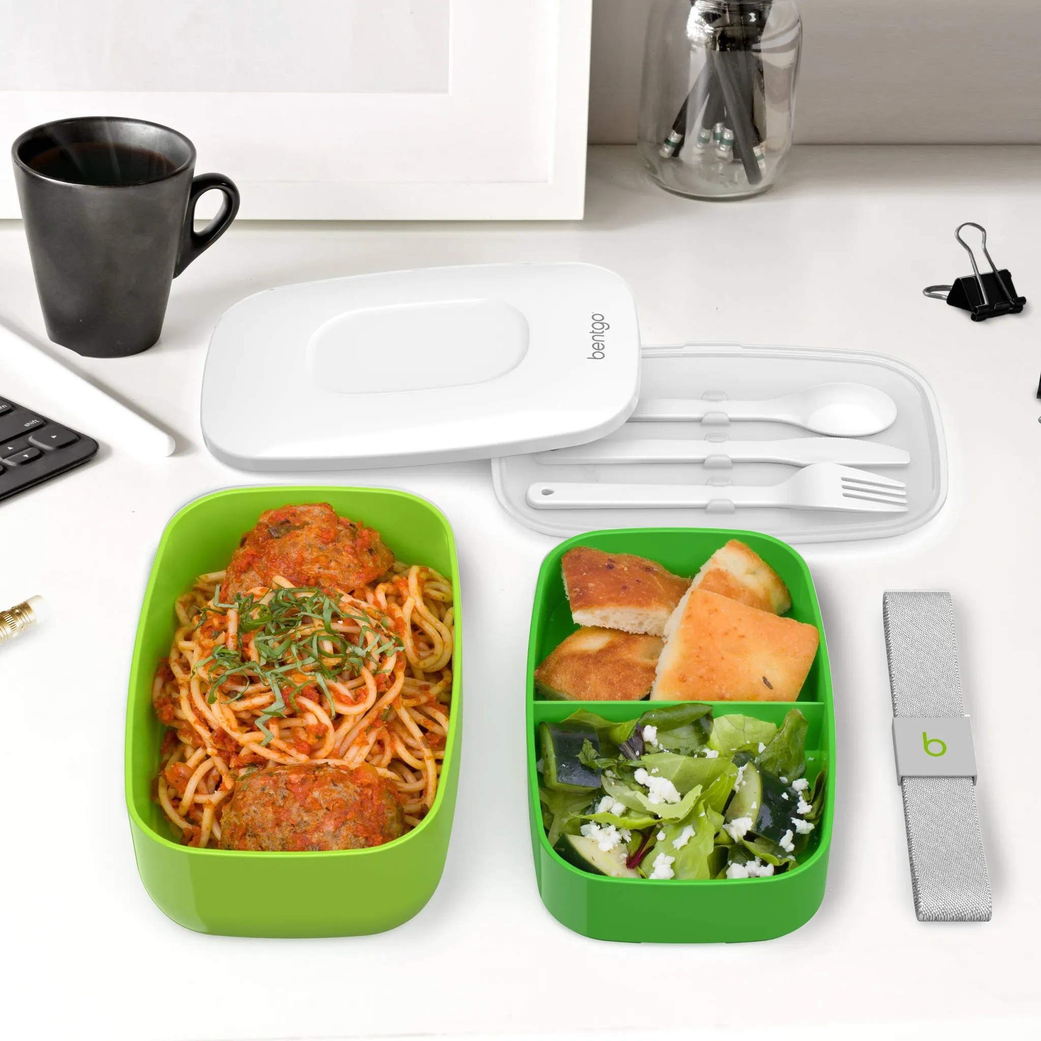 Stackable Lunch Box Container with Built-in Flatware - Green - Image 3