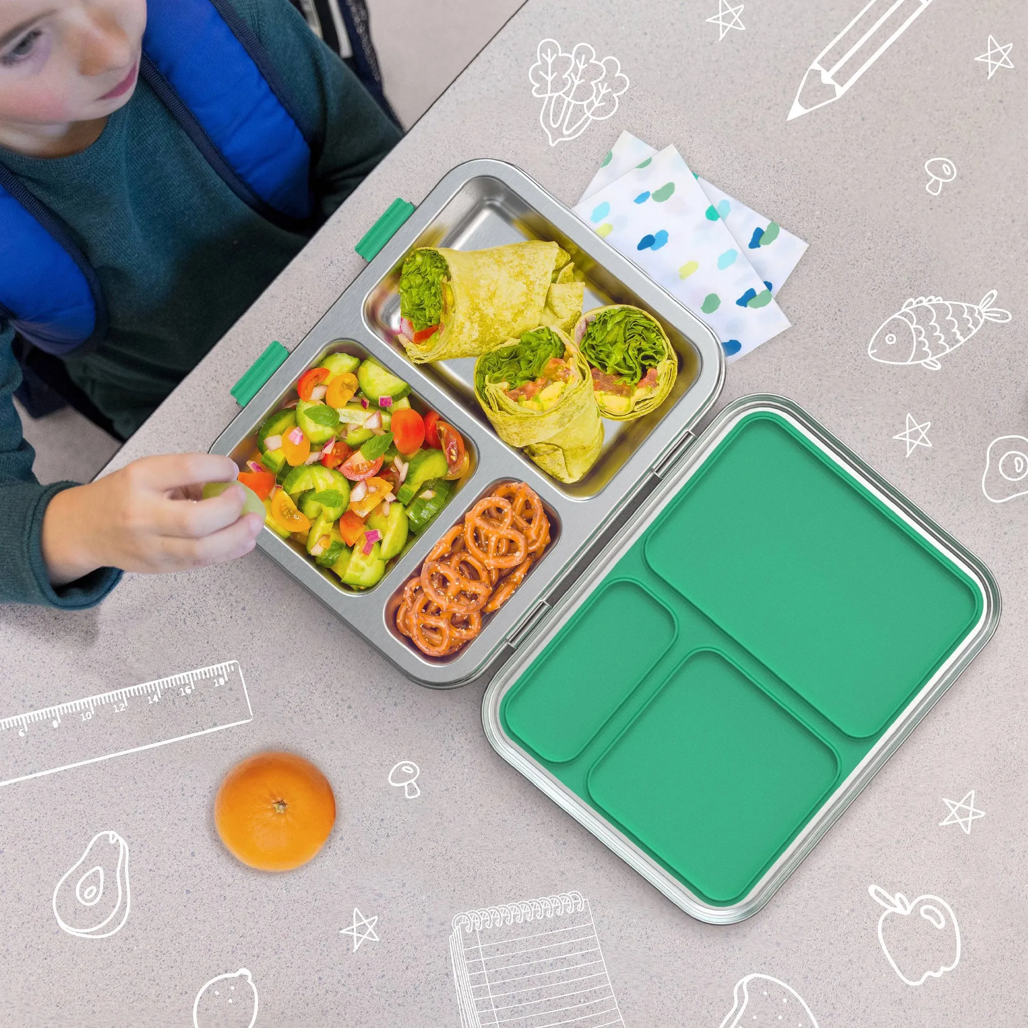 Stainless Steel Leakproof 3-Compartment Lunch Box - Green - Image 4