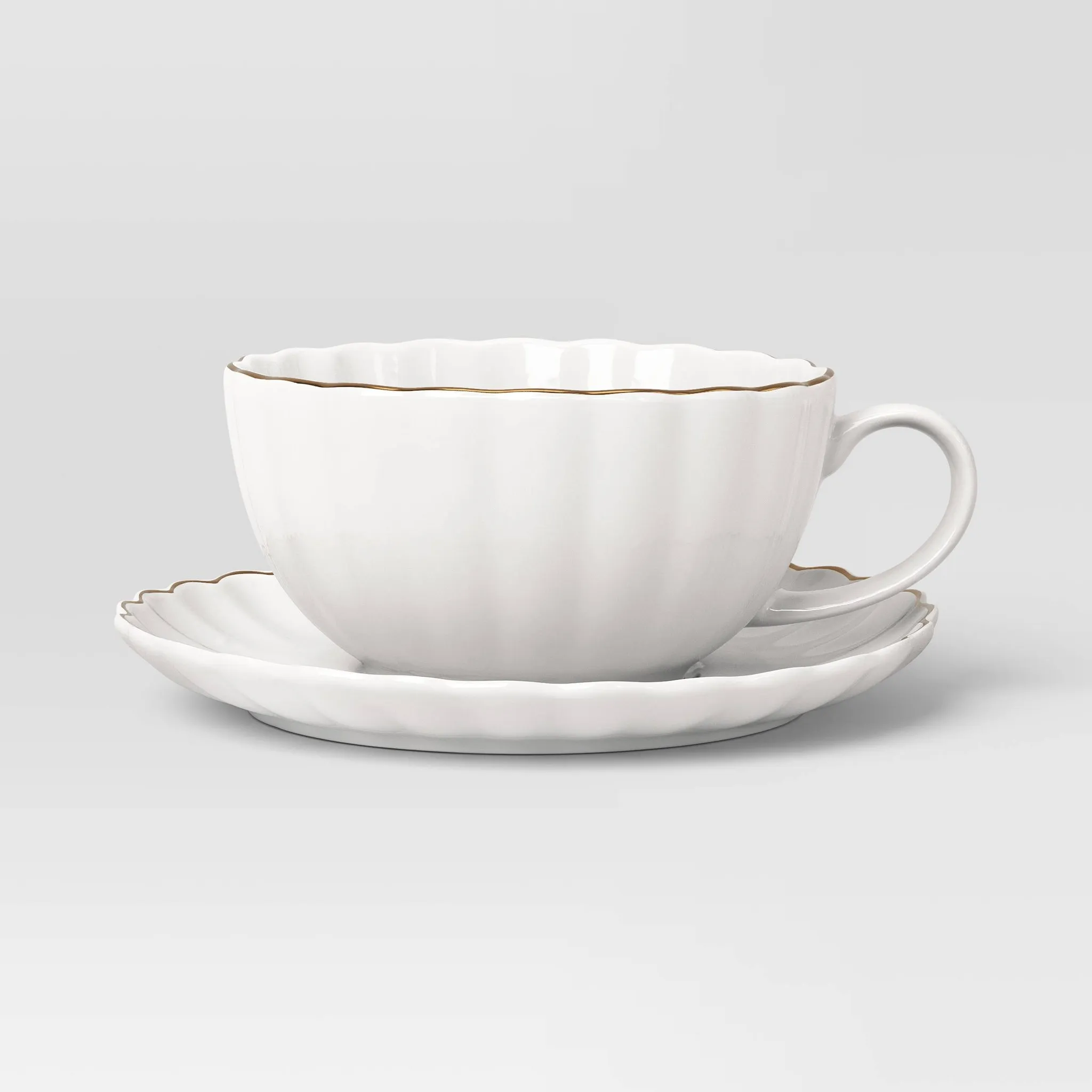 Stoneware Tea Cup with Saucer - Gold Rim