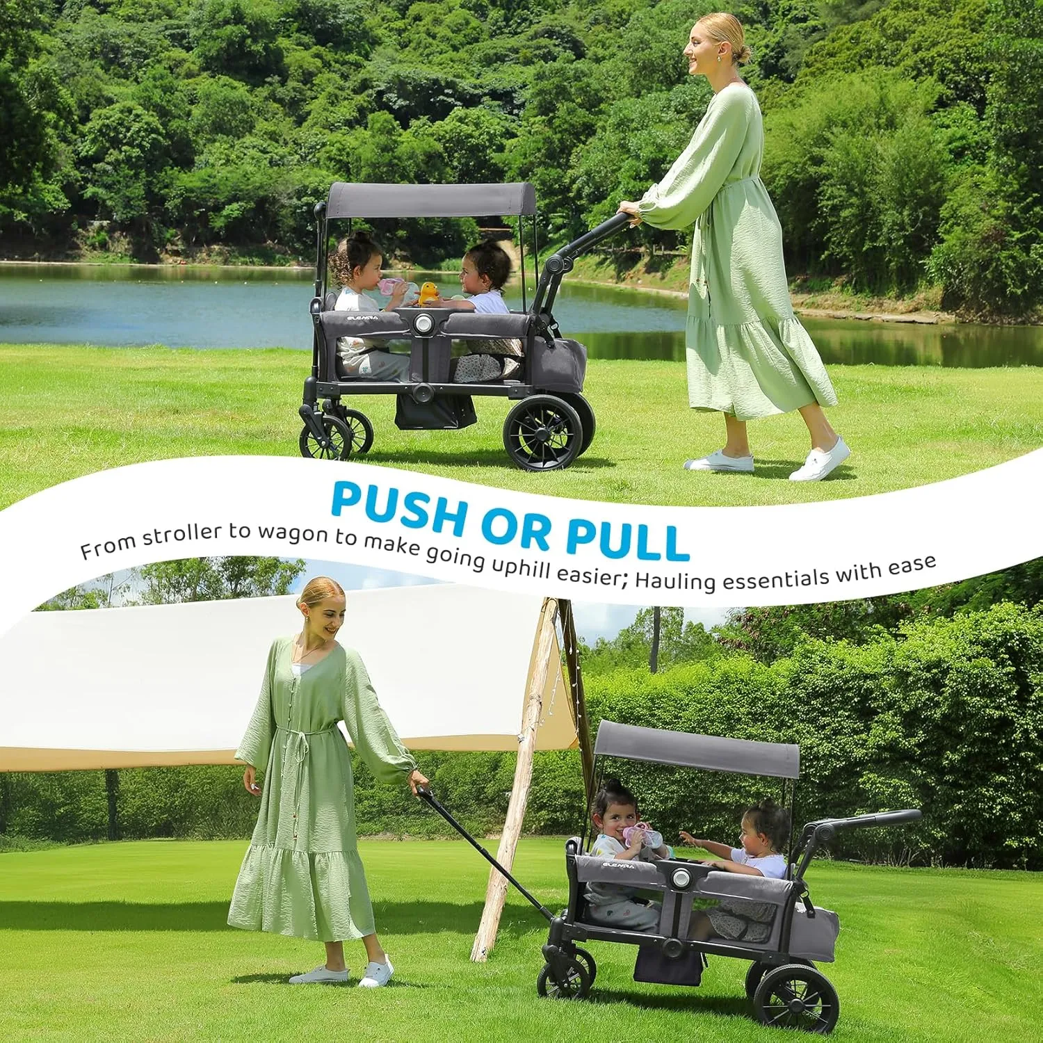 Stroller Wagon, 2 Seat Stroller for 2 Kids - Gray - Image 3