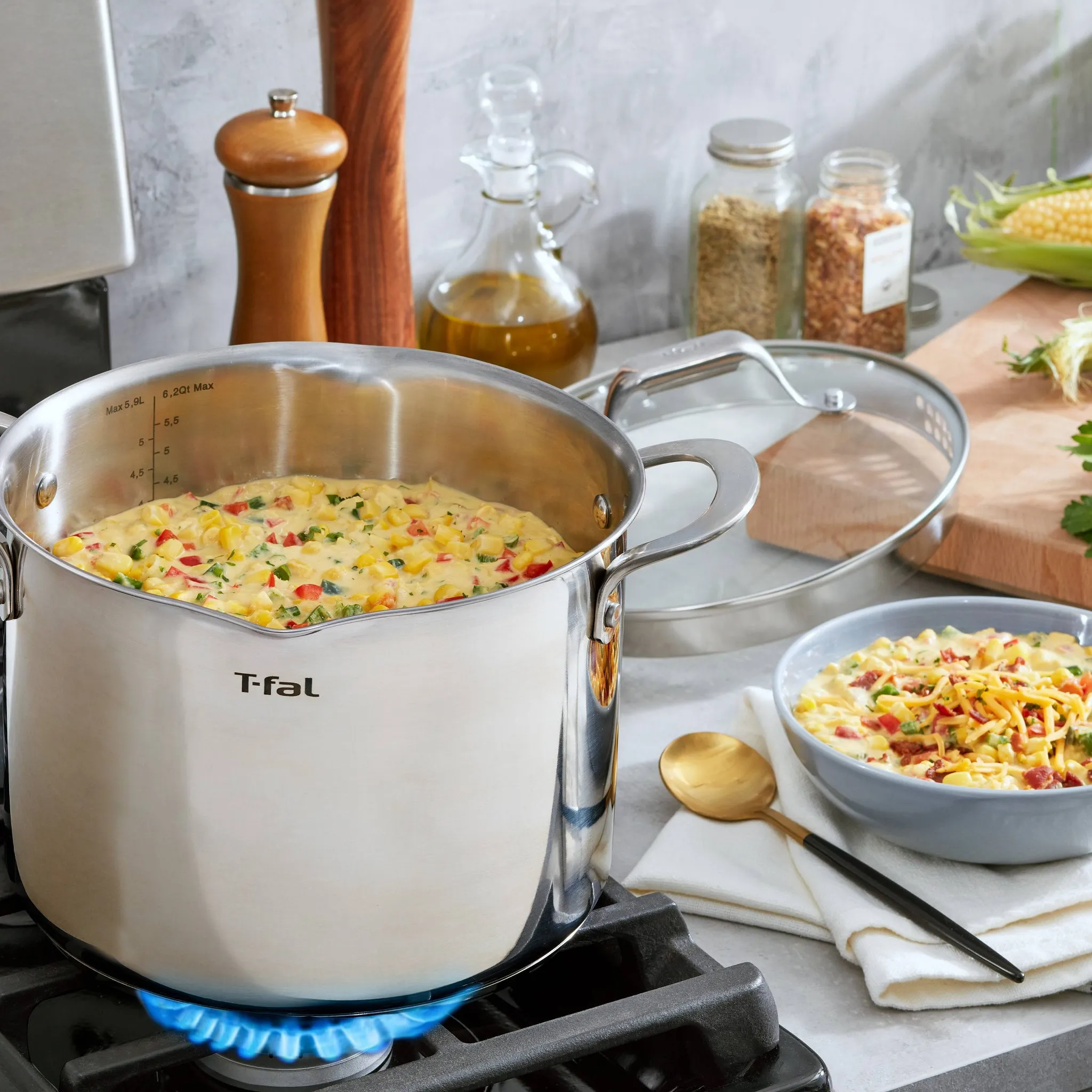 T-fal 6qt Stock Pot with Lid, Simply Cook Stainless Steel Cookware: Soup & Pasta Pot, Tempered Glass Lid, Dishwasher-Safe - Image 3