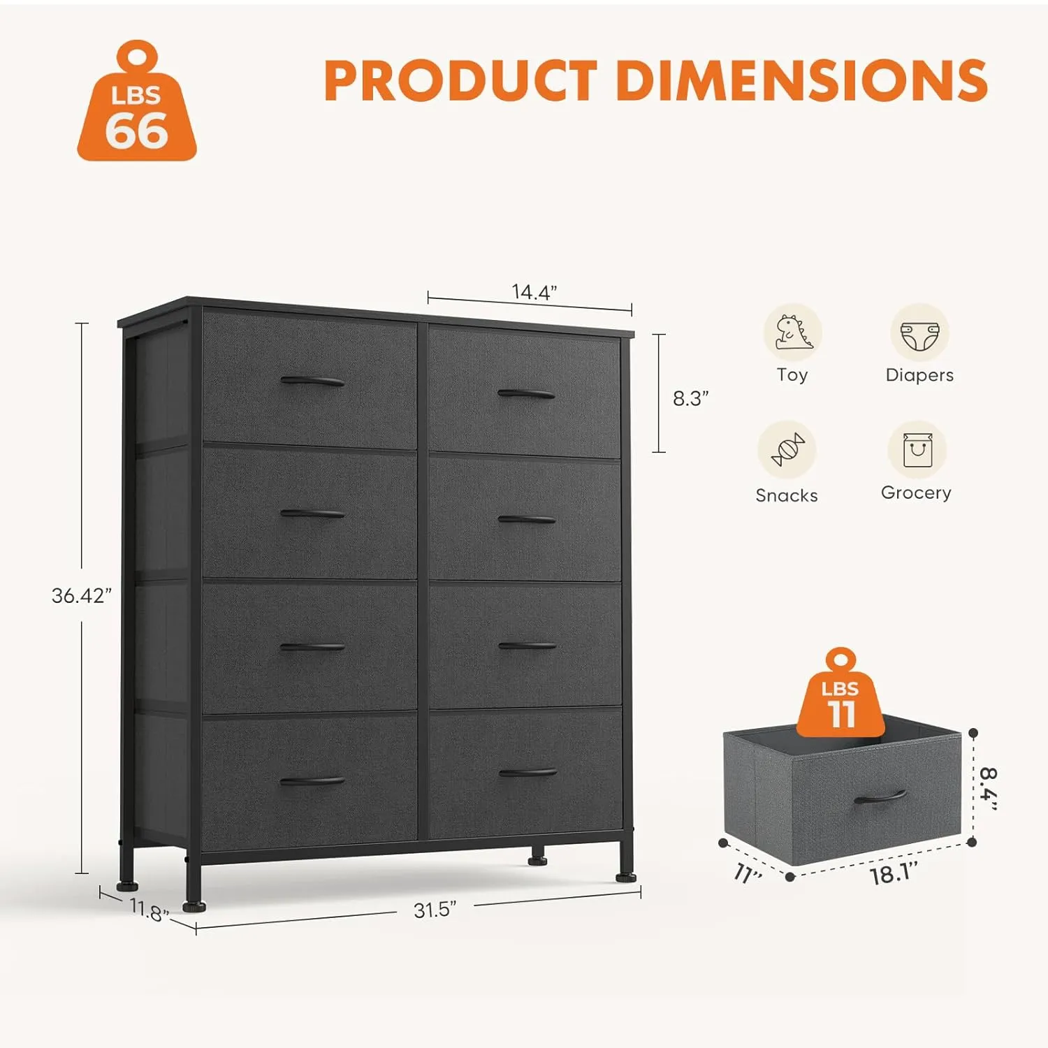 Tall Fabric Dresser with 8 Drawers - Grey - Image 3