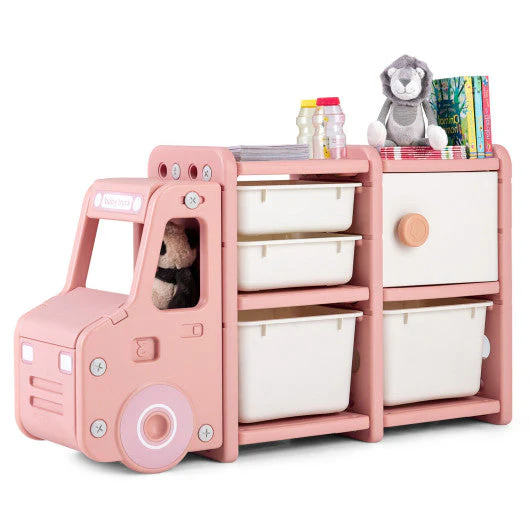 Toddler Truck Storage Organizer With Plastic Bins-Pink - Image 4