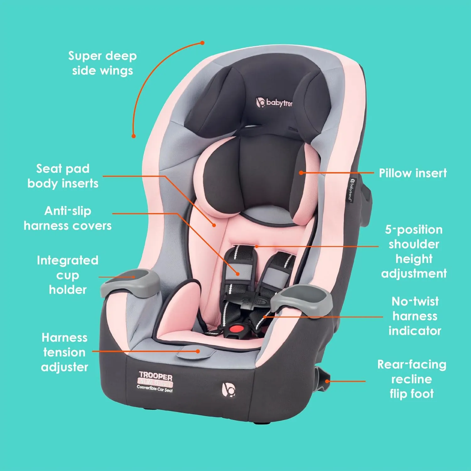Trooper Slim 3-in-1 Convertible Car Seat - Quartz Pink - Image 5