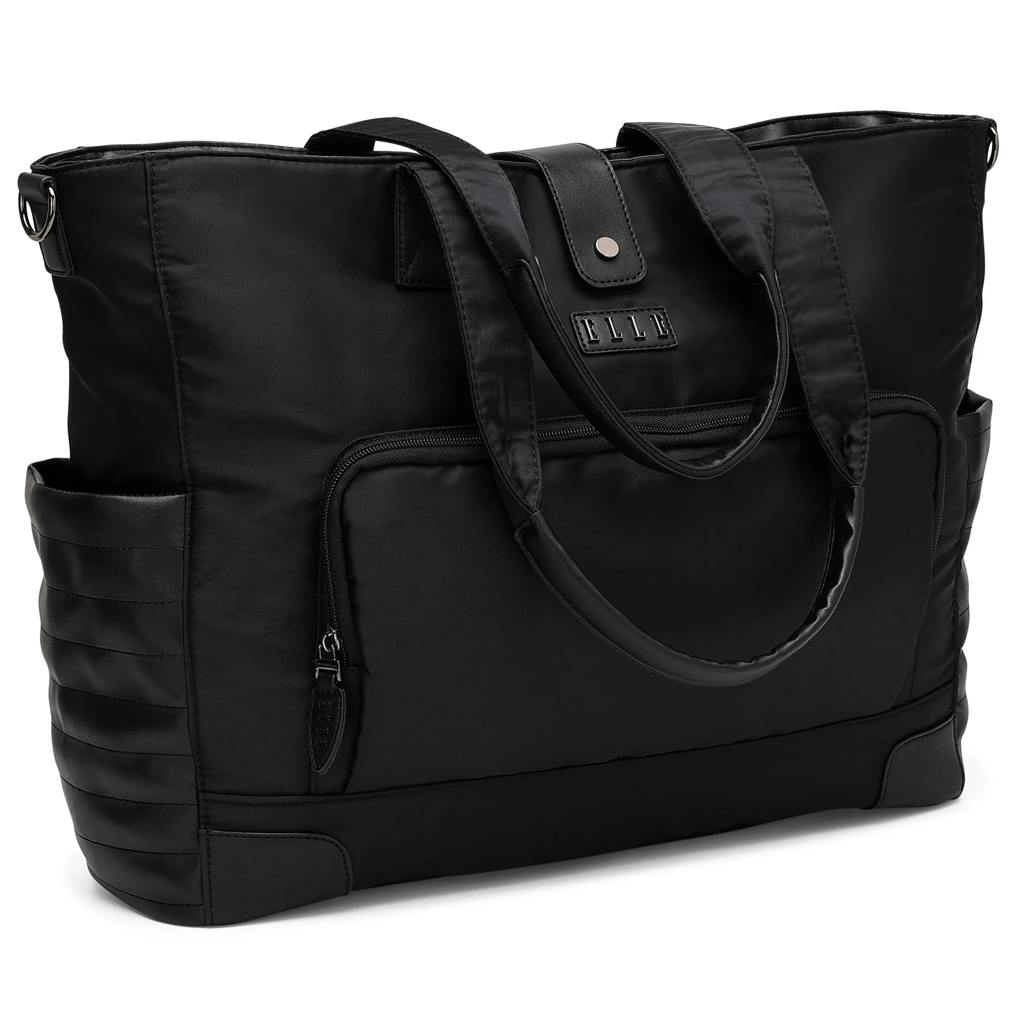 Twill and Vegan Leather Weekender Tote Bag - Black