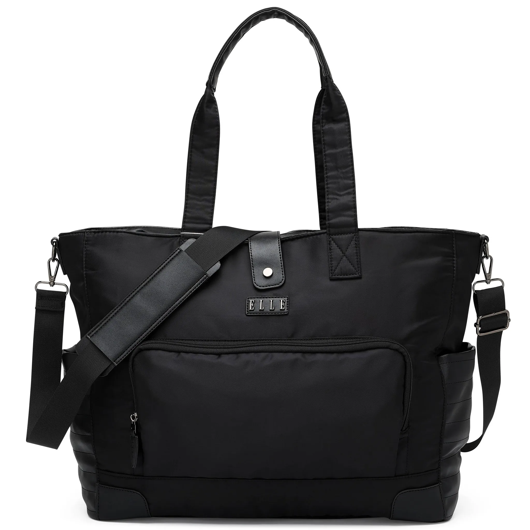 Twill and Vegan Leather Weekender Tote Bag - Black - Image 4