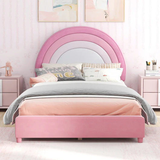 Twin Bed Frame With Height-Adjustable Headboard and Sturdy Wooden Slats-White & Pink