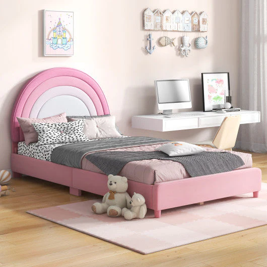 Twin Bed Frame With Height-Adjustable Headboard and Sturdy Wooden Slats-White & Pink - Image 10