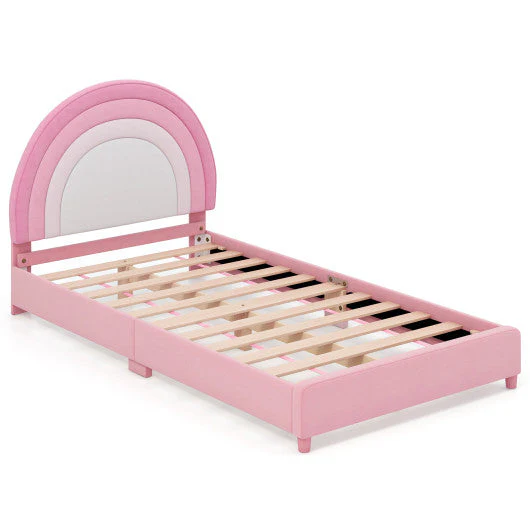 Twin Bed Frame With Height-Adjustable Headboard and Sturdy Wooden Slats-White & Pink - Image 11