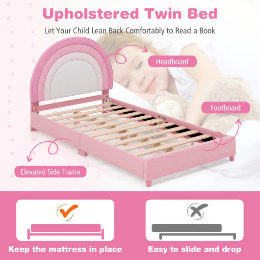 Twin Bed Frame With Height-Adjustable Headboard and Sturdy Wooden Slats-White & Pink - Image 14