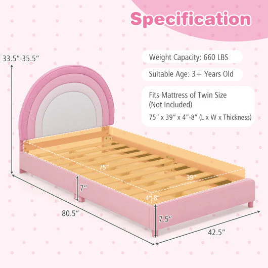 Twin Bed Frame With Height-Adjustable Headboard and Sturdy Wooden Slats-White & Pink - Image 18
