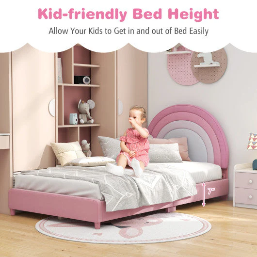 Twin Bed Frame With Height-Adjustable Headboard and Sturdy Wooden Slats-White & Pink - Image 22