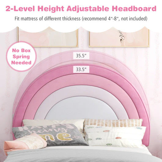 Twin Bed Frame With Height-Adjustable Headboard and Sturdy Wooden Slats-White & Pink - Image 7