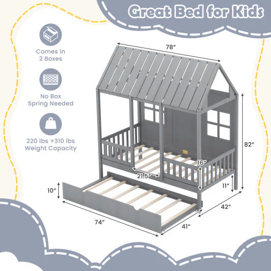 Twin Size Bed Frame House Bed With Trundle and 82 Inch Tall Roof-Gray - Image 10