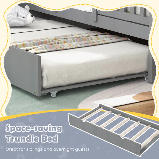 Twin Size Bed Frame House Bed With Trundle and 82 Inch Tall Roof-Gray - Image 14