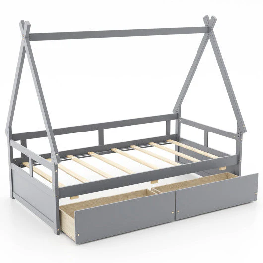 Twin Size House Bed With Roof and Safety Guardrail-Gray - Image 11