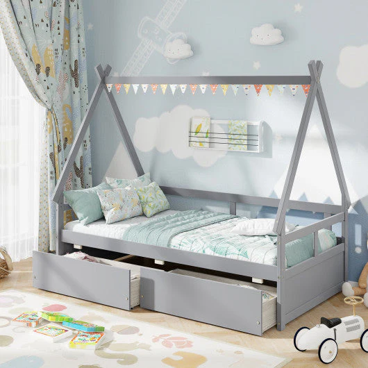 Twin Size House Bed With Roof and Safety Guardrail-Gray - Image 2