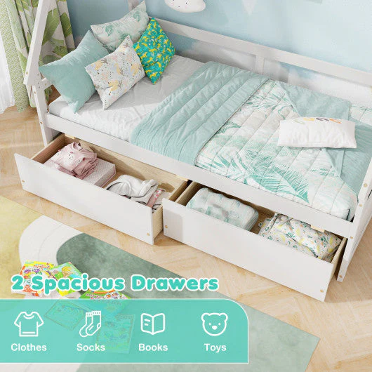 Twin Size House Bed With Roof and Safety Guardrail-White - Image 12