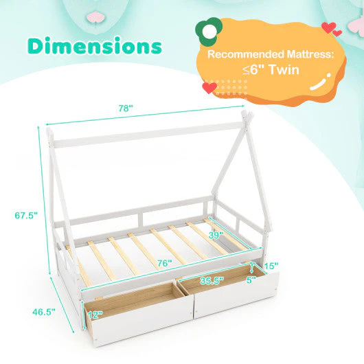 Twin Size House Bed With Roof and Safety Guardrail-White - Image 4