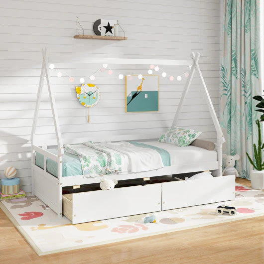 Twin Size House Bed With Roof and Safety Guardrail-White - Image 6