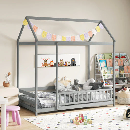 Twin Size Kids House Bed Wooden Floor Bed With Roof and Full-Length Safety Guardrail-Gray - Image 14