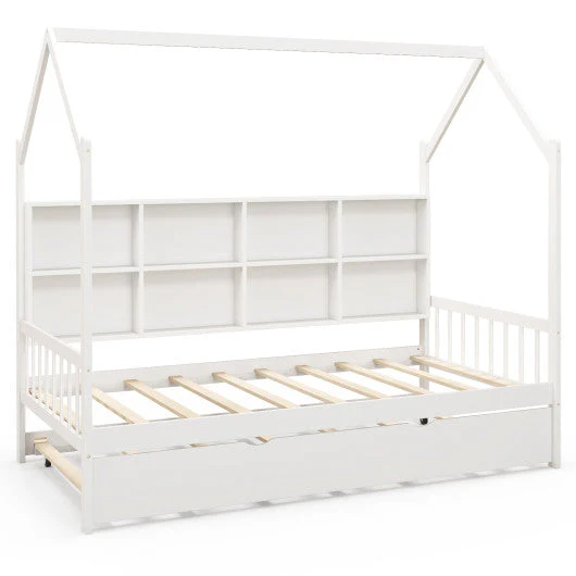Twin Size Kids Montessori Daybed With Roof and Shelf Compartments-White - Image 7