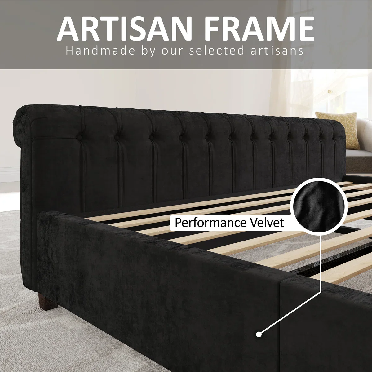 Dulane Chenille Velvet Upholstered Sleigh Bed - King, Black - Image 4