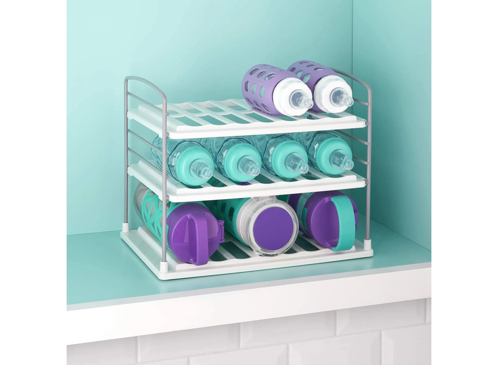 UpSpace 3 Shelf Bottle Organizer: Water Bottle Storage Rack, Multi-Compartment, Non-Slip, Freestanding, White - Image 5