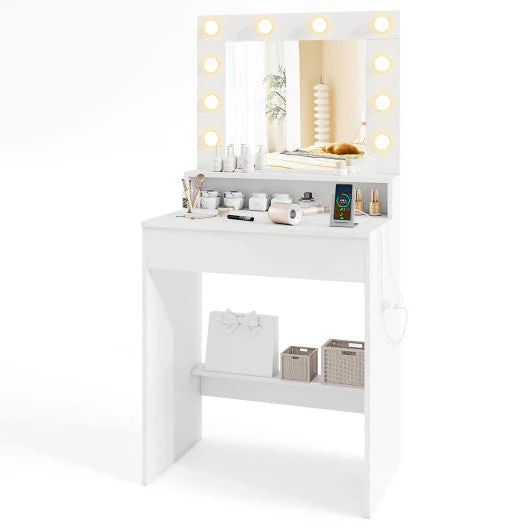 Vanity Desk With Adjustable Brightness and 3 Light Modes for Bedroom-White