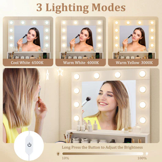 Vanity Desk With Adjustable Brightness and 3 Light Modes for Bedroom-White - Image 7