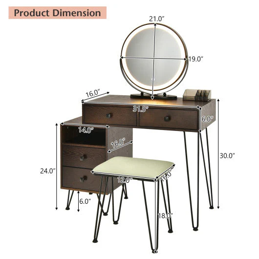 Vanity Set Modern Dressing Table With Mirror and Lipstick Storage Box-Brown - Image 5