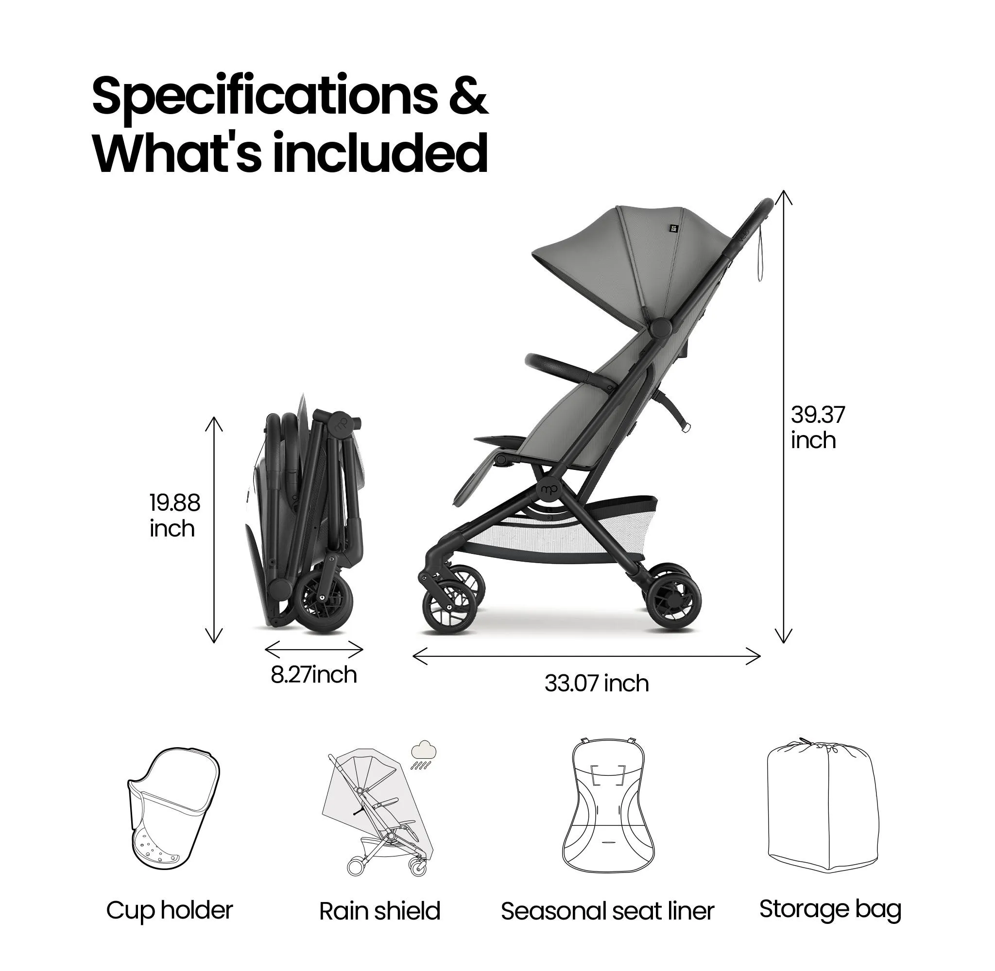 Velo Lightweight Travel Stroller - Black - Image 2